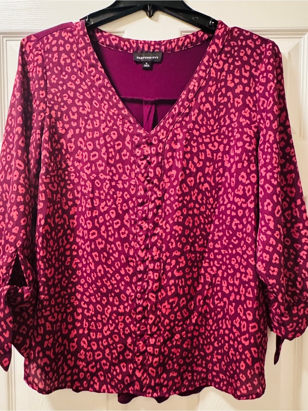 Fortune + Ivy Fuchsia Leopard-Print V-Neck Blouse